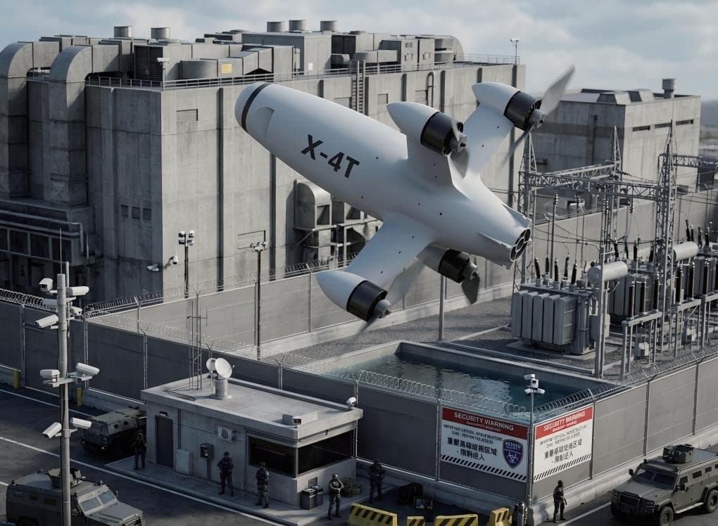 Rapiddart X-4T interceptor drone engaging a UAV above a protected industrial site